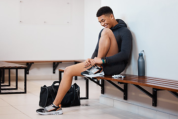 Image showing Fitness, tying shoes and black man in locker room for training, sports and gym workout. Exercise, health and start cardio with athlete and dressing sneakers for gear, wellness or ready for practice