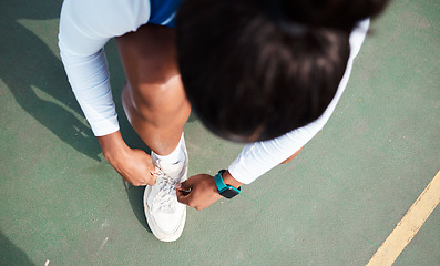 Image showing Shoes, tie or black woman in netball training game or match in workout exercise on sports court. Ready to start, top view or young African girl athlete in fitness park or outdoor playground in summer