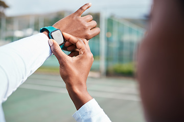 Image showing Closeup, fitness and black woman with smartwatch with hands, check training progress and exercise. Zoom, African American female or athlete with tracker, workout or timing practice for goal or target