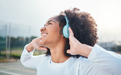 Image showing Freedom, fitness and music for black woman training at court, happy and relax with wellness track. Sports, podcast and girl smile with radio, playlist or song during exercise and workout