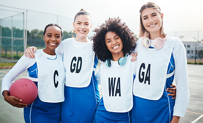 Image showing Netball, group and friends in portrait, women on outdoor court and smile, sports team and diversity. Happy athlete workout together, training for game and gen z with fitness and trust with support