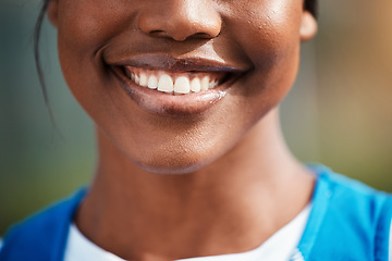 Image showing Dental, teeth and smile by black woman with oral hygiene, clean and whitening for self care with tooth implant. Healthcare, closeup and happy female person feeling excited for mouth wellness