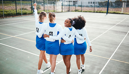 Image showing Hug, back and portrait of a team for netball, training support and game collaboration on a court. Teamwork, motivation and athlete girls ready to start a sport with group unity, together and bonding