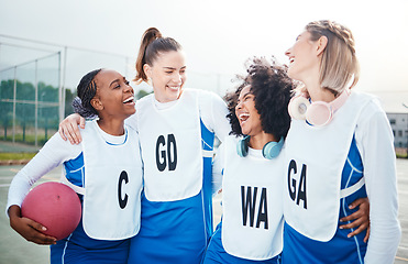 Image showing Netball, team and friends laughing together, women on outdoor court and funny, sports and diversity. Happy athlete group, training for game and gen z with fitness and trust with support and humor