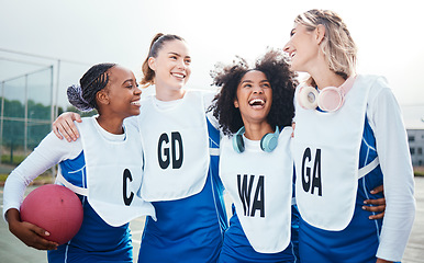 Image showing Netball, team and friends laugh, women on outdoor court together and funny, sports and diversity. Happy athlete group, training for game and gen z with fitness and trust with support and humor