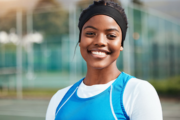 Image showing Portrait, black girl with netball and sport with smile, fitness and training for game outdoor, happy teen and ready. Exercise, athlete and African female and face, healthy and active lifestyle