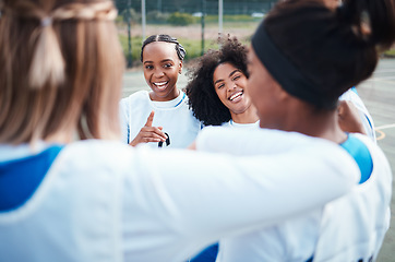 Image showing Netball team, diversity and happiness with young women on outdoor court, college sports with students and fitness. People exercise, teamwork and support with solidarity, trust with friends group