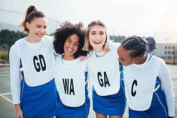 Image showing Netball, team outdoor and friends in portrait, women on court and smile, sports group and diversity. Happy athlete workout together, training for game and gen z with fitness and trust with support