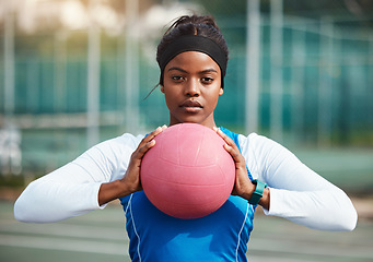 Image showing Portrait, serious black girl with netball and sports, fitness and training for game outdoor, confident teen and ready. Exercise, athlete and African female with ball, healthy and active lifestyle