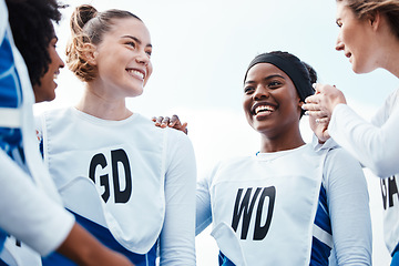 Image showing Netball, happy women or sports group with team building, funny conversation and support for training or practice. Athlete friends, people or gen z excited for outdoor game in diversity circle talking