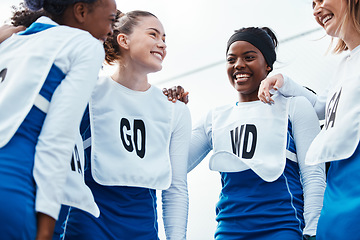 Image showing Netball, sports women or happy group with team building, funny conversation and support for training or practice. Athlete friends, people or gen z excited for outdoor game in diversity circle talking