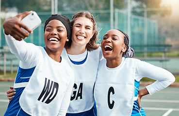 Image showing Netball team, sports selfie and women laughing or group friends in funny social media post, training update and meme. Diversity teenager or gen z in profile picture and excited for competition break