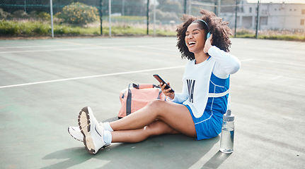 Image showing Sports music, phone and netball woman listening to mp3 radio, audio podcast or playlist song after training practice. Relax wellness, digital headphones and African athlete streaming sound on court