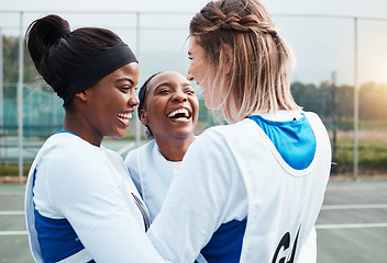 Image showing Hug, success or teamwork in netball training game or match with goals on sports court together. Group of winners, fitness friends or excited young athlete girls with happy smile to celebrate winning