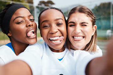 Image showing Black woman, friends and silly portrait for selfie, vlog or goofy sports team in social media outdoors. Happy women funny faces for profile picture, photo or post in memory for fun netball sport day