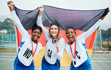 Image showing Sport winner, flag or netball team celebration, excited or celebrate winning award, competition victory or game success. Germany people, teamwork achievement or portrait athlete happy for prize medal
