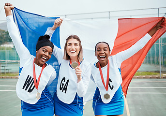 Image showing Netball winning portrait, flag and sports team celebration, excited or celebrate award winner, competition victory or game. France group success, teamwork achievement or athlete happy for prize medal