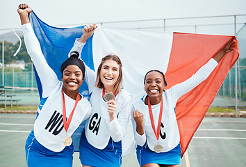 Image showing Netball win, flag portrait and sports team celebration, excited or celebrate award winner, competition victory or game. France group success, teamwork achievement or athlete happy for prize medal