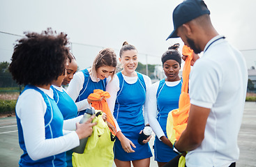 Image showing Team, soccer and women football coach at training, fitness and workout on the field or sport ground for practice. Match, game and female athletes with trainer at stadium with players as teamwork