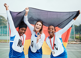 Image showing Netball winner portrait, flag or sports team celebration, excited or celebrate winning award, competition victory or game. Germany group success, teamwork achievement or athlete happy for prize medal