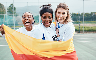 Image showing Winning netball, sports flag and team celebration, excited or celebrate competition award, victory winner or court game. Germany people, teamwork achievement and portrait of athlete happy for success