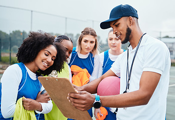 Image showing Clipboard strategy, netball sports team and coach planning game plan, teamwork collaboration or explain competition idea. Coaching athlete, teaching and talking people listening to fitness challenge