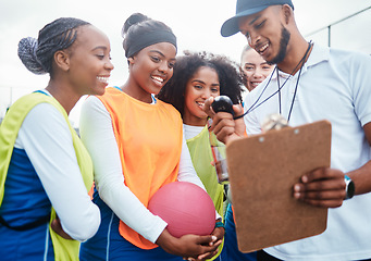 Image showing Sports time, netball team and coach check stopwatch after fitness, practice competition or group workout. Health game, watch or diversity women happy for exercise, training or court challenge success