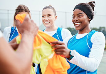 Image showing Netball, team color and exercise, girl on court outdoor for sports, student league and train for game. Athlete, teen and gen z with fitness, collaboration and competition with happiness and diversity