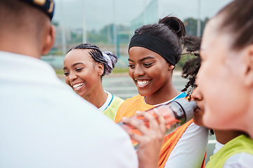 Image showing Sports plan, netball team and coach planning game strategy, teamwork collaboration or explain competition idea. Coaching athlete, teaching and talking group of people listening to fitness challenge