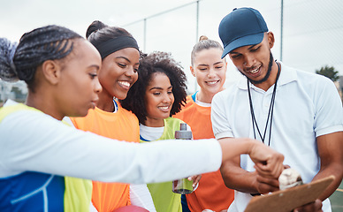 Image showing Strategy, planning and coach with netball team for sports game plan, teamwork and competition discussion. Man coaching diversity athlete women talking about fitness goals training and motivation