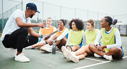 Image showing Netball strategy, happy sports team and coach planning game plan, teamwork collaboration or explain competition idea. Coaching athlete, teaching or talking group of people listen to fitness challenge