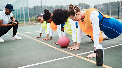 Image showing Sports training, coach and netball team practice, floor push up and teaching fitness for athlete, people or girl. Health trainer, performance workout and teacher coaching group, exercise or challenge