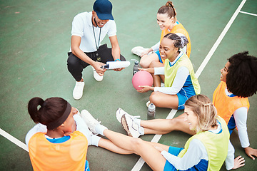 Image showing Netball plan, sports team smile and coach planning game strategy, teamwork collaboration or explain competition idea. Coaching athlete, top view or talking group of people listen to fitness challenge