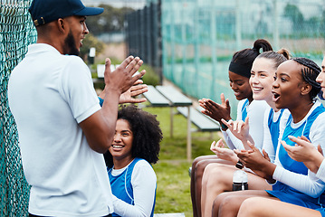 Image showing Sports celebration, netball team building and coach happy for game winning, teamwork collaboration or competition winner. Coaching athlete, teaching applause and group of celebrate, excited and clap