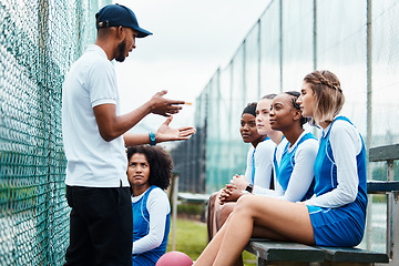 Image showing Netball plan, sports team and coach explain game strategy, teamwork collaboration talk or planning competition idea. Coaching athlete, substitute bench and group of people listen to fitness challenge