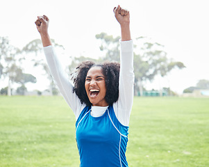 Image showing Black woman, celebration and smile for winning, success or sports victory and achievement on grass field outdoors. Happy African American female smiling and celebrating win, goal or accomplishment