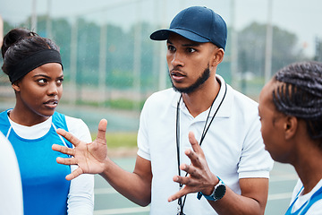 Image showing Netball, sports team or frustrated coach talk about game problem, teamwork mistake or explain competition crisis. Coaching athlete, teaching or group of people listen to fitness challenge instruction