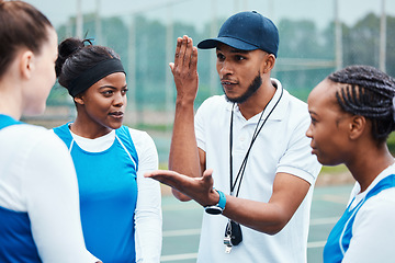 Image showing Coach, strategy and collaboration with sports people listening to tactics or instructions on a court. Fitness, team and planning with a black man talking to a group of girls during a competition