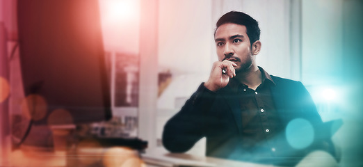 Image showing Serious, computer and business man in office for research, thinking and software developer with bokeh. Website, database and technology with employee for idea, project proposal and app management