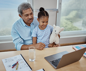 Image showing Homework, elearning and grandfather with girl and laptop for streaming, schoolwork or home schooling. Internet , technology and education with old man and child for subscription or distance learning