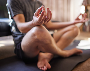 Image showing .Yoga, lotus hands and man in zen fitness, meditation training and mindfulness, spiritual healing or stress relief. Meditate, holistic workout and calm, relax person for balance and wellness at home.