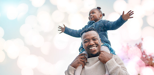 Image showing Portrait, piggyback and black father with girl in nature, having fun and bonding in low angle. Love, bokeh care and smile of man and child or kid playing and enjoying quality time together outdoors.