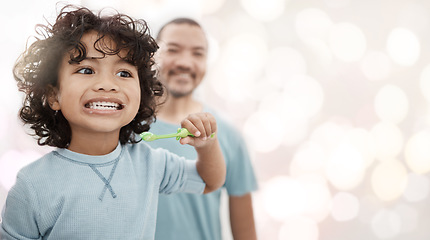 Image showing Dental, learning and brushing teeth with child and father with bokeh mockup for oral hygiene, self care and toothbrush. Smile, happy and wellness with man and son in bathroom for teaching and health