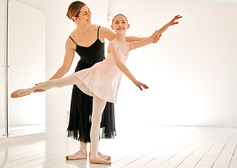Image showing Learning dance, ballet class and teacher with child student in studio for dancing, art and coaching. Girl with woman ballerina coach or dancer to learn balance for academy performance with mockup