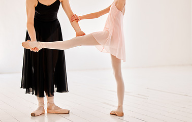 Image showing Closeup, ballet and mentor with girl, balance and practice for performance, routine and fitness. Zoom, female ballerina and trainer help with training, legs and learning for show and dancing academy