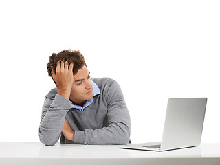 Image showing Computer work, business man and bored employee reading and thinking of web data. Tired, online and laptop in a isolated, white background and studio with a professional looking at job research