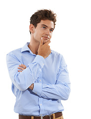 Image showing Young professional man thinking isolated on a white background contemplating career, job or work decision emoji. Wonder, contemplating and business person or model for ideas or inspiration in studio