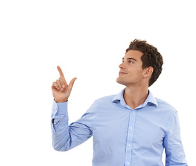 Image showing Space, smile and business man pointing up at mockup product placement for marketing or advertising. Gesture, male and model presenting info for new deal isolated in studio on white background.