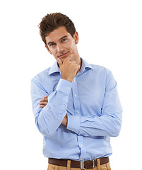 Image showing Thinking, idea and portrait of a businessman in a studio with a pensive or contemplating face expression. Confidence, professional and corporate male model with pondering gesture by white background.