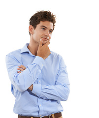 Image showing Young business man thinking, isolated on a white background contemplating career, job or work decision. Wonder, contemplating and professional person or model for ideas or inspiration in studio